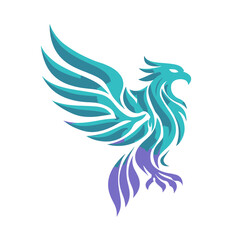Obraz premium Majestic stylized phoenix bird vector illustration with vibrant teal and purple gradient. Abstract elegant design concept for power and freedom.