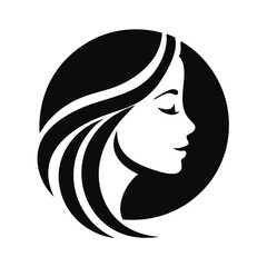 Black and white circular logo of a woman's profile with flowing hair silhouette