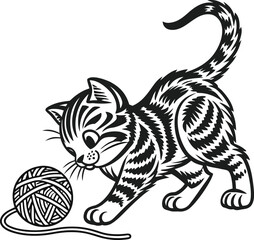 Stylized outline of a playful kitten in a dynamic pose isolated on transparent background