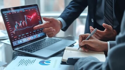 Business professionals analyzing stock market data on a laptop - Powered by Adobe