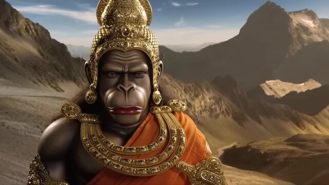 Mythological primate character in ornate religious attire, rugged mountains backdrop