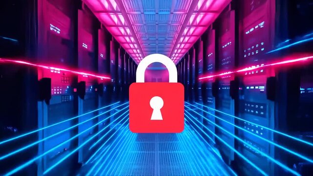 Secure digital data center with a prominent padlock icon - Powered by Adobe