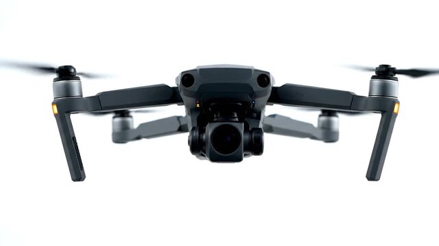 A modern grey quadcopter drone with a mounted camera, orange indicator lights, and spinning propellers on a white background