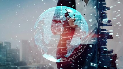 A businessman stands in a contemporary office, analyzing data trends displayed on a digital world map, highlighting the intersection of technology and commerce. Xenic - Powered by Adobe