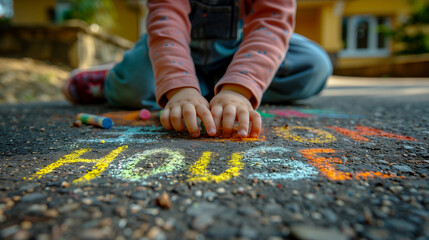 a child is drawing with colored chalk on the pavement outside