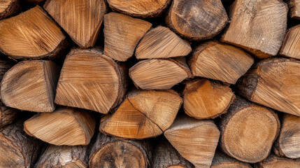 Fototapeta premium Stacked wood logs display rich textures and warm tones, creating organic rustic feel