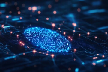 Digital fingerprint security network with glowing lines and nodes offering futuristic biometric access and protection.