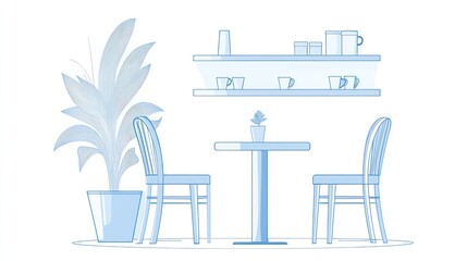 Interior illustration a cafe table and chairs with plant and shelves on wall