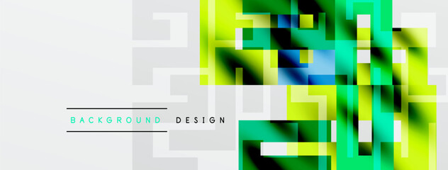 Abstract geometric pattern. Bright green, yellow, blue squares overlap gray lines. Modern design element for backgrounds, presentations.