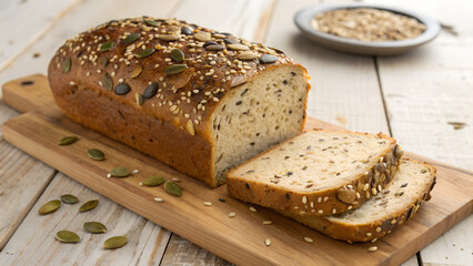 A sliced loaf of whole grain bread with oats and seeds on a wooden cutting board, with scattered seeds
