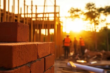 Bricklaying at Sunset: Close-up of Bricks at a Construction Site with Blurred Workers and Golden Light