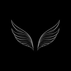 Fototapeta premium Elegant stylized white outline wings with feathery details on a black background. Abstract design symbolizing freedom, spirituality, and grace.