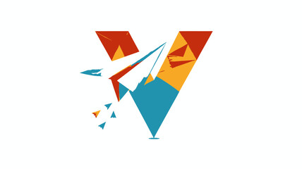 Stylized letter V concept with paper airplane and geometric shapes, symbolizing communication, travel, and creative ideas.