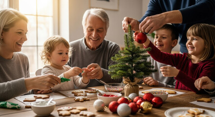 Multi-generational family decorating a small Christmas tree with cookies and ornaments together, celebrating holiday traditions at home.