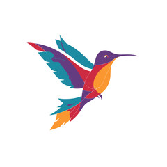 Vibrant stylized hummingbird vector illustration. Colorful abstract geometric flying bird graphic design with bright feathers.