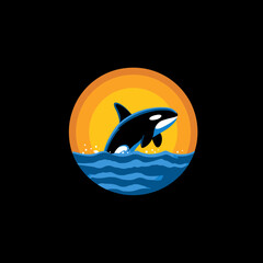 Stylized orca whale jumping out of ocean waves against a vibrant orange and yellow sunset, marine life vector illustration.
