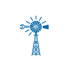 Blue windmill icon with a wrench and sunburst, symbolizing renewable energy maintenance, repair, and sustainable power engineering services.