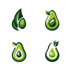 Set of stylized avocado illustrations, healthy fruit vector icons, green organic food oil drops, natural design elements.