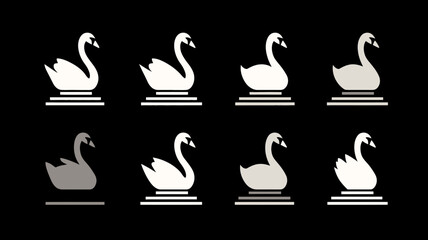 Elegant white swan silhouettes vector set on black background. Graceful bird icons collection for design and branding.