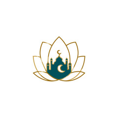 Elegant spiritual harmony icon: gold lotus flower embracing a teal mosque silhouette with crescent moon. Modern, peaceful, cultural unity symbol.