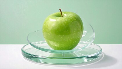 Green apple balanced on clear glass dishes