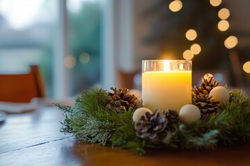 Cozy candle centerpiece illuminating a wooden table, creating a warm and inviting holiday atmosphere.