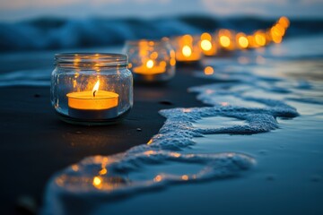 Evening Beach Ambiance: Row of Candles Illuminating the Shoreline at Twilight's Embrace.