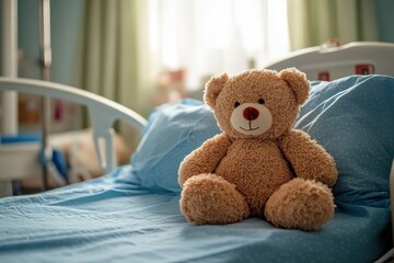 Lonely Teddy Bear Adorably Sits on Empty Hospital Bed, Awaiting a Companion's Return Hopefully Soon.