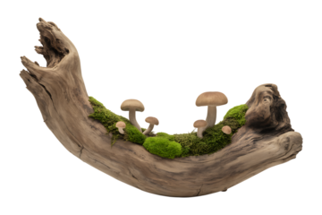 Big driftwood with moss and mushrooms isolated on transparent background 