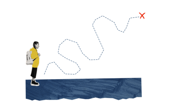 Composite photo collage of excited girl tourist prepare travel backpack path destination dotted line goal isolated on painted background