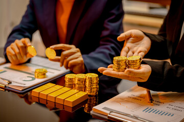 A suited Asian analyst confirms the tangible value of global gold holdings, carefully placing a...