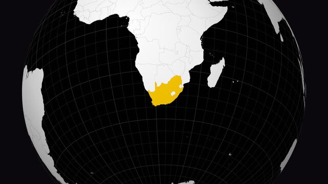 South Africa map. Animated zoom into the country on the Globe in Black White color palette. Country logo animation. Map with meridians, parallels. Authentic video.
