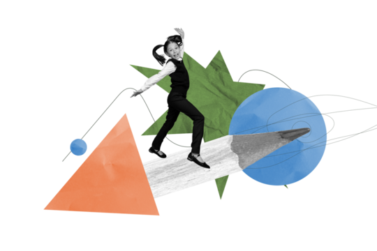 Creative poster collage of funny girl big pencil school day shopping kids education concept bizarre unusual fantasy billboard comics