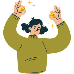 Person Wearing Olive Green Sweater Holding Two Gold Coins With Sparkles And A Transparent Background Celebrating Success And Good Fortune With A Big Smile And Closed Eyes