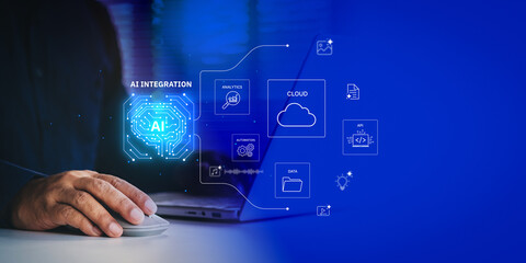 AI integration system connecting data, cloud, automation, API, and analytics through a central AI core, futuristic glowing circuit lines, Holographic UI overlay for business and technology solutions