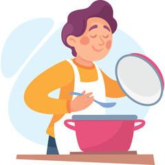 Person Wearing White Apron Tasting Food From Pink Pot With Blue Spoon Eyes Closed Contented Smile On Transparent Background