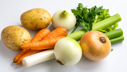 Fresh raw vegetables including potatoes, carrots, onions, leek and celery arranged on white background for healthy cooking