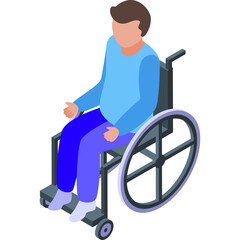 Person with disability using a wheelchair with blue shirt and pants on transparent background isometric icon style