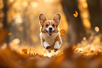 Joyful Pembroke Welsh Corgi leaps through vibrant autumn foliage, basking in the golden sunlight's warm embrace.
