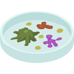 Petri Dish With Colorful Amoeba Like Organisms And Yellow Dots Floating In Clear Liquid Medical Laboratory Equipment