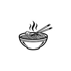 A black and white illustration of a bowl of steaming ramen, with chopsticks.