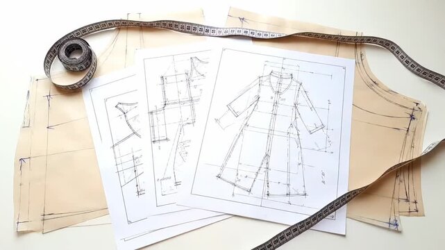 Woman's hands delicately arranging fashion sketches on top of sewing patterns in a workshop. A dressmaker or seamstress hard at work on a fresh line of clothing designs