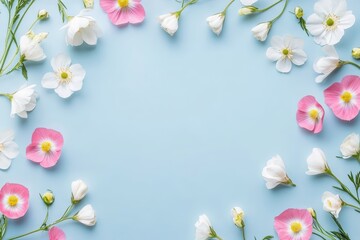 Delicate Floral Arrangement Featuring White and Pink Flowers on a Soft Blue Background, Creating a Serene Atmosphere