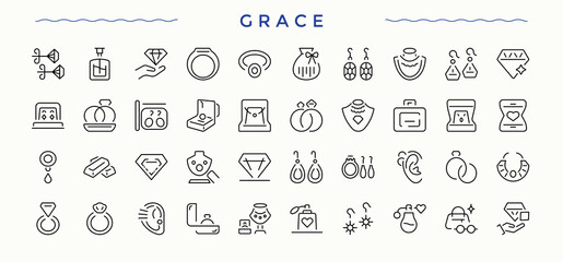 Grace linear icon set. Contains related to expensive, jewelry, gem, precious, gift and more. Jewelry icon set. Thin UI icons. Pixel perfect. Editable vector.