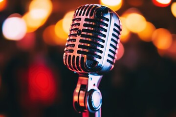Captivating close-up of a vintage microphone radiating elegance and a nostalgic charm against a blurry backdrop