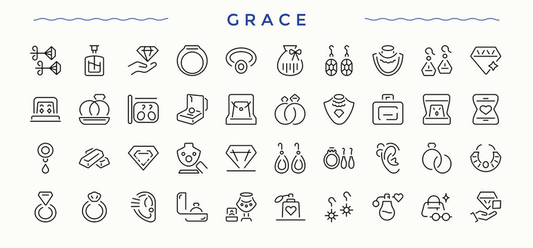 Grace linear icon set. Contains related to expensive, jewelry, gem, precious, gift and more. Jewelry icon set. Thin UI icons. Pixel perfect. Editable vector.