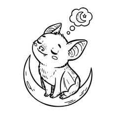 Fototapeta premium Cute baby bat sleeping on moon cartoon illustration