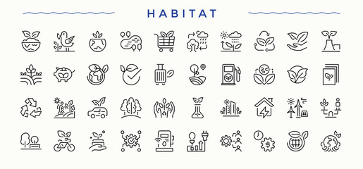 Habitat icon set. Featuring nature, ecological, organic, natural, gardening, herbal and more. Nature linear icon collection. Set of line pictogram. Pictogram and infographic.