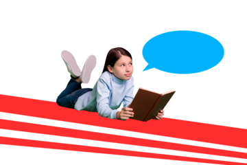 Collage image poster of dreamy kid lying and reading book empty space element isolated on drawing background