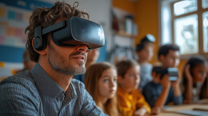 a teacher using mixed reality tools in a classroom with curious students